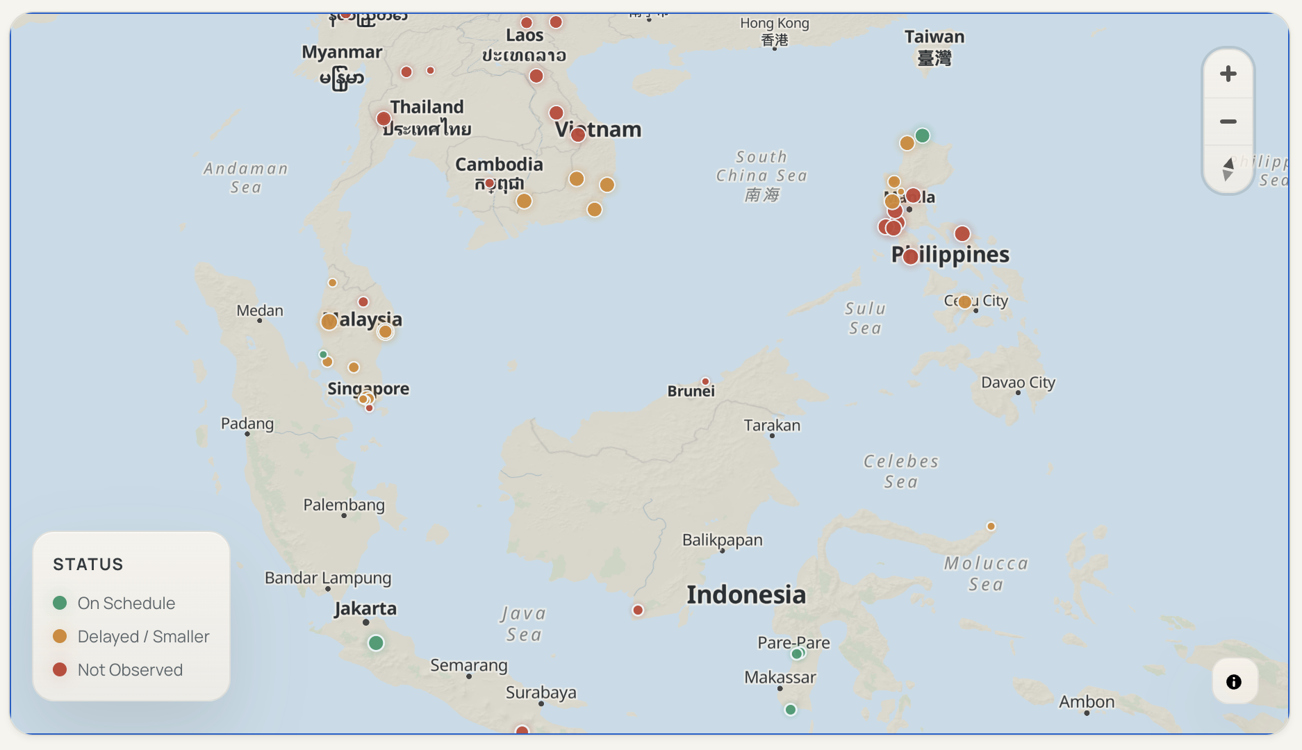 Screen capture of the Paper to Power map showing renewable energy project markers across Southeast Asia with a project status legend.