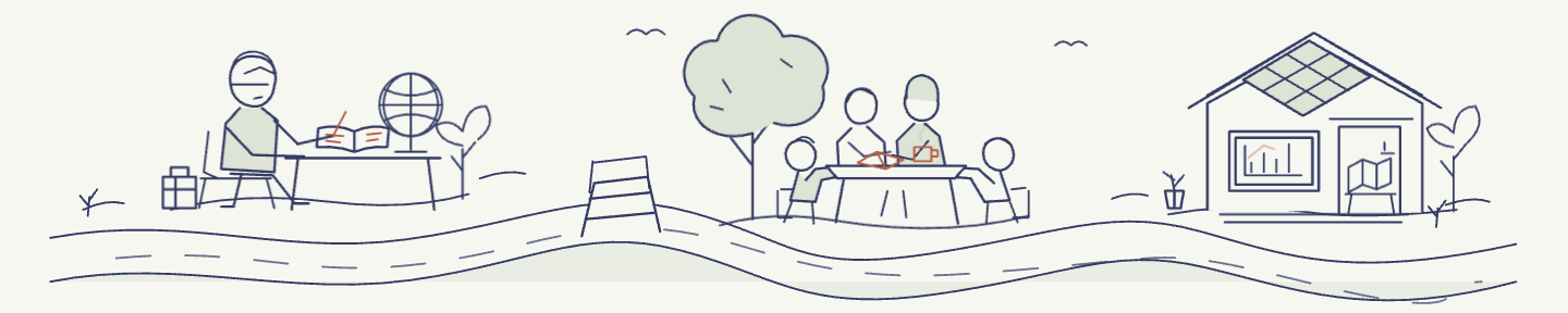 A person writing, people gathered beneath a tree, and a research workshop
